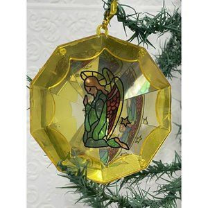 Vintage Plastic Jewel Brite 3D Diorama Christmas Ornament 3.5” With Angel